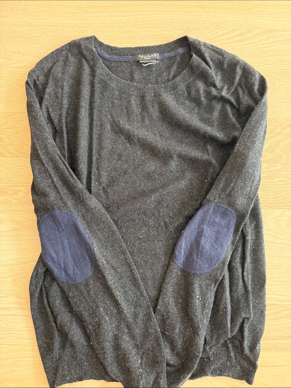 Talula Women’s Charcoal Crewneck Sweater with Navy Elbow Patches